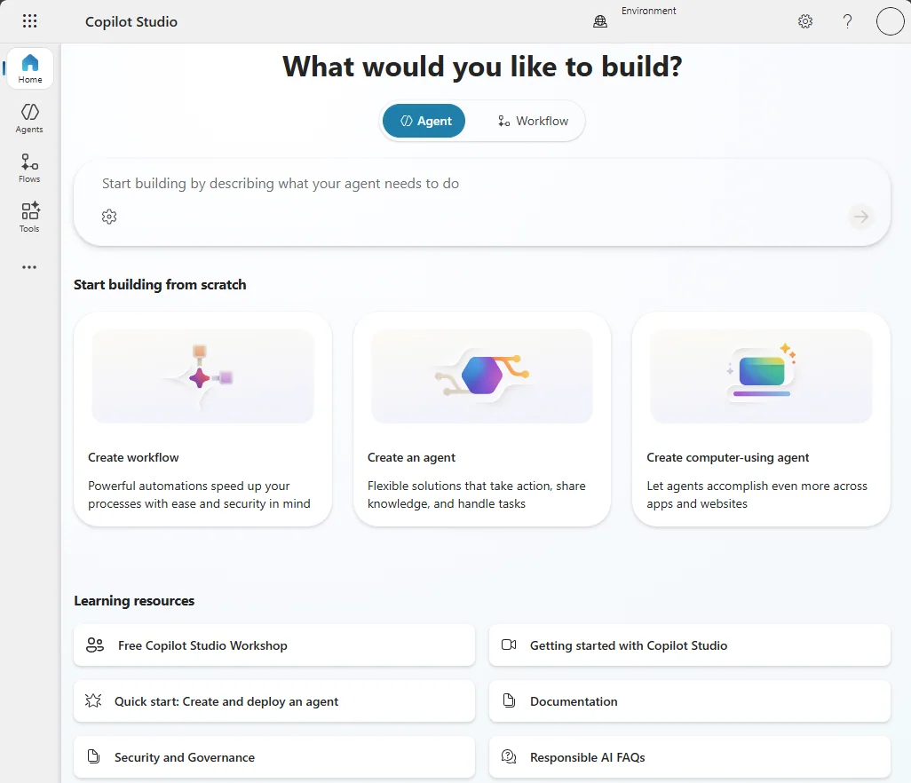 Copilot Studio home page where makers describe the agent they want to build