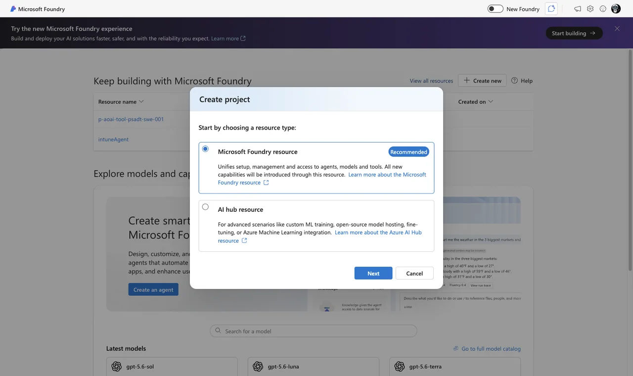 Microsoft Foundry portal at ai.azure.com with the New Foundry toggle switched on and the