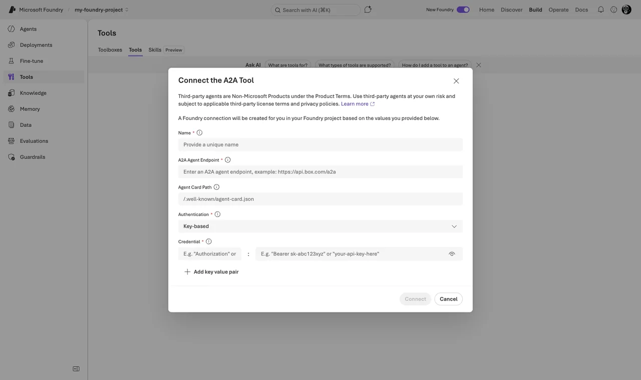 Foundry portal - Connect tool - Custom tab - Agent2Agent (A2A) dialog with name, endpoint URL,