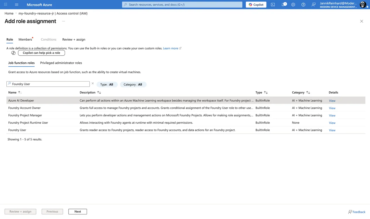 Azure portal - my-foundry-resource-jr - Access control (IAM) - Add role assignment, Role tab