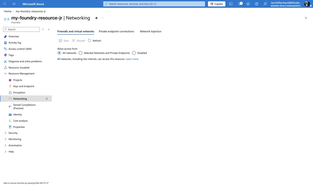 Azure portal - my-foundry-resource-jr - Resource Management - Networking