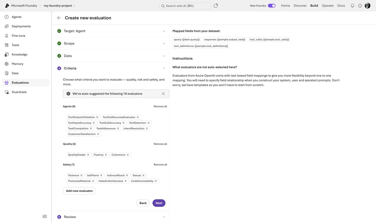 Evaluation wizard, testing criteria step with auto-suggested evaluators like Tool Call
