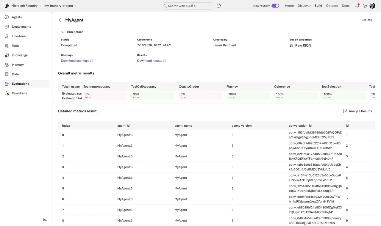 Evaluation results with the pass rate per evaluator on top and the per-row detail table with
