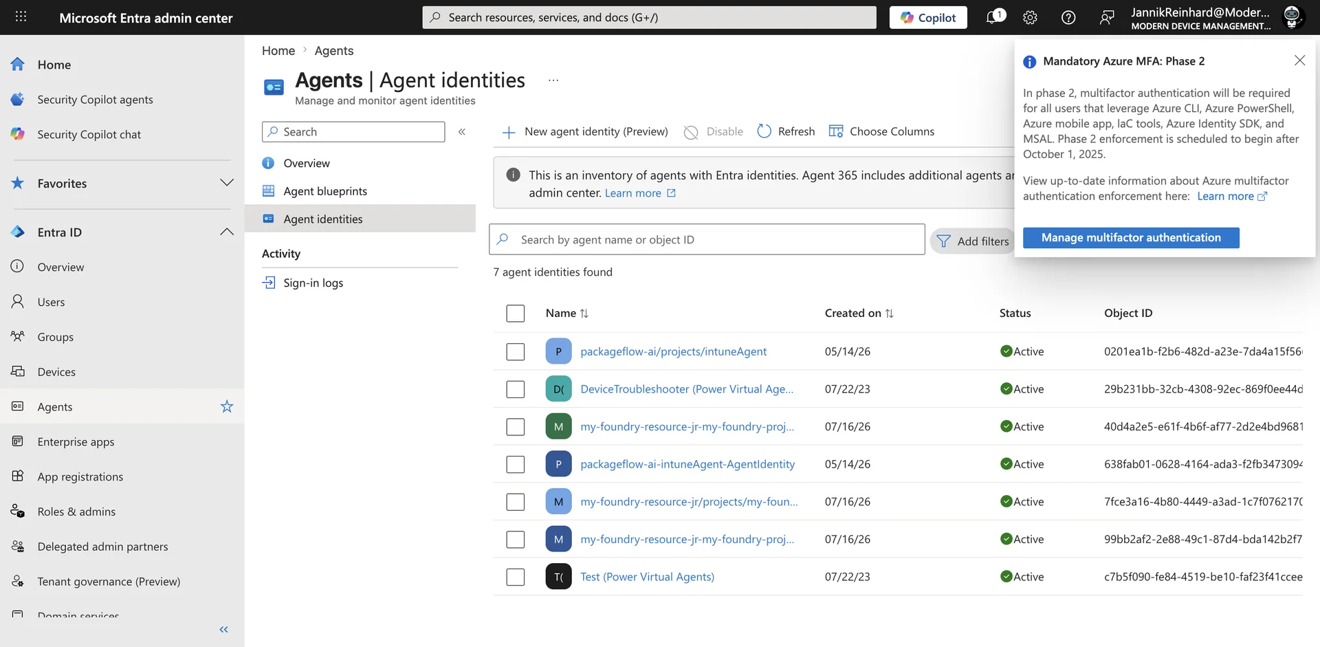 Entra admin center (entra.microsoft.com) - Agent ID - All agent identities
