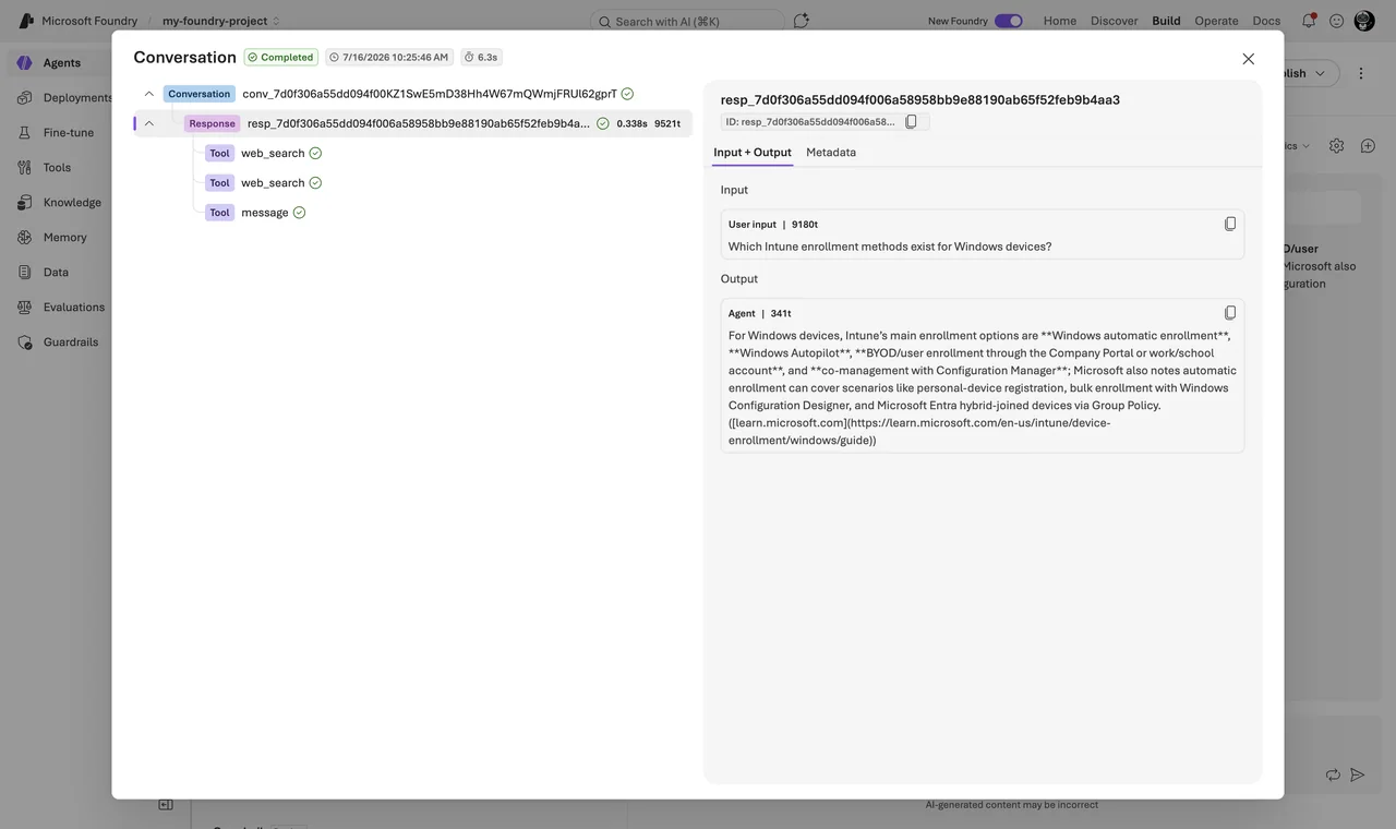 Foundry portal - project my-foundry-project - Agents - Traces tab, with one trace of a MyAgent