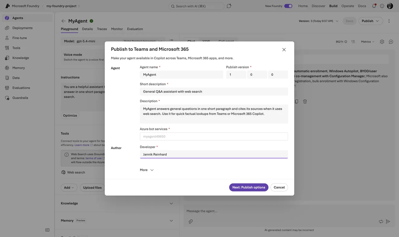 Foundry publish wizard with the “Teams and Microsoft 365 Copilot” target selected and the