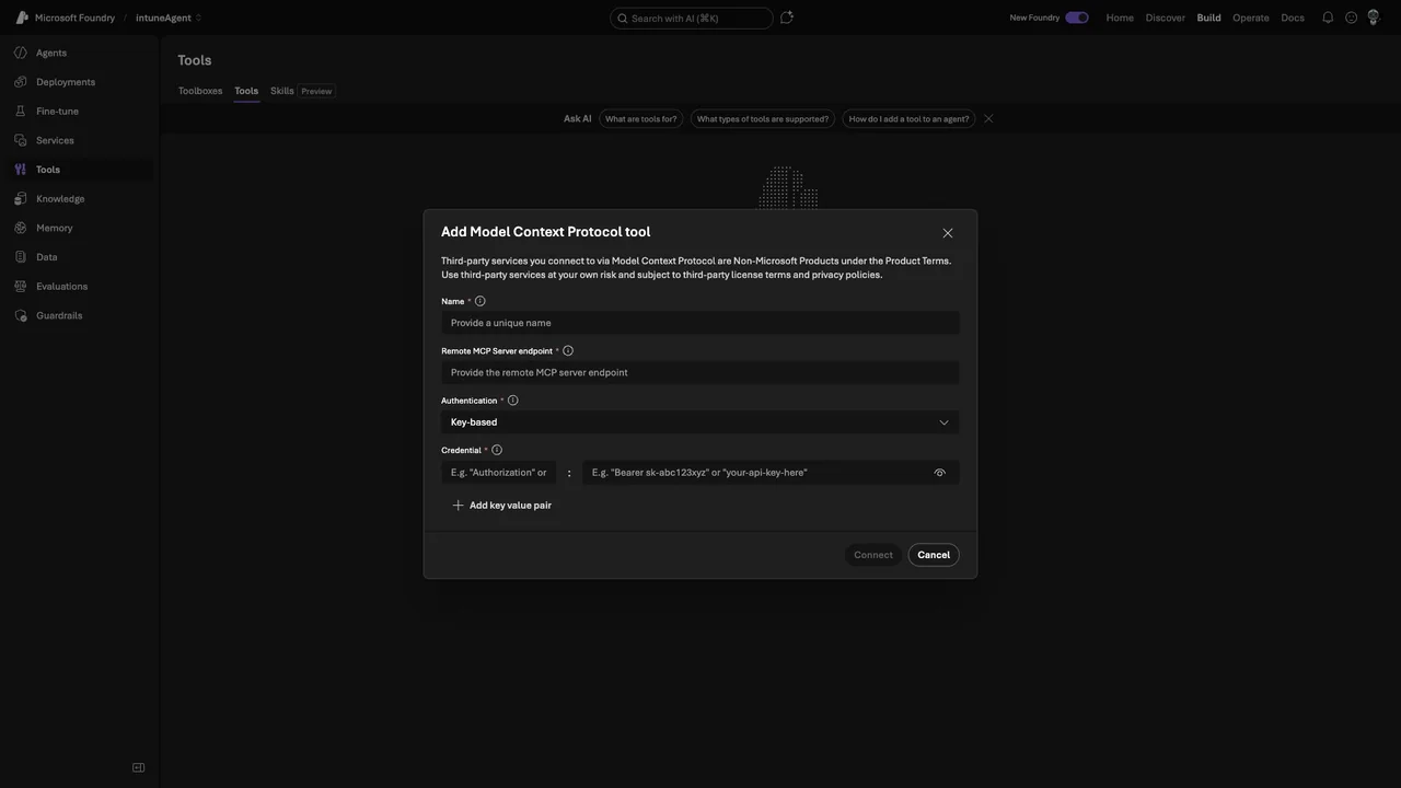 Microsoft Foundry dialog for adding a remote MCP tool with endpoint and authentication settings