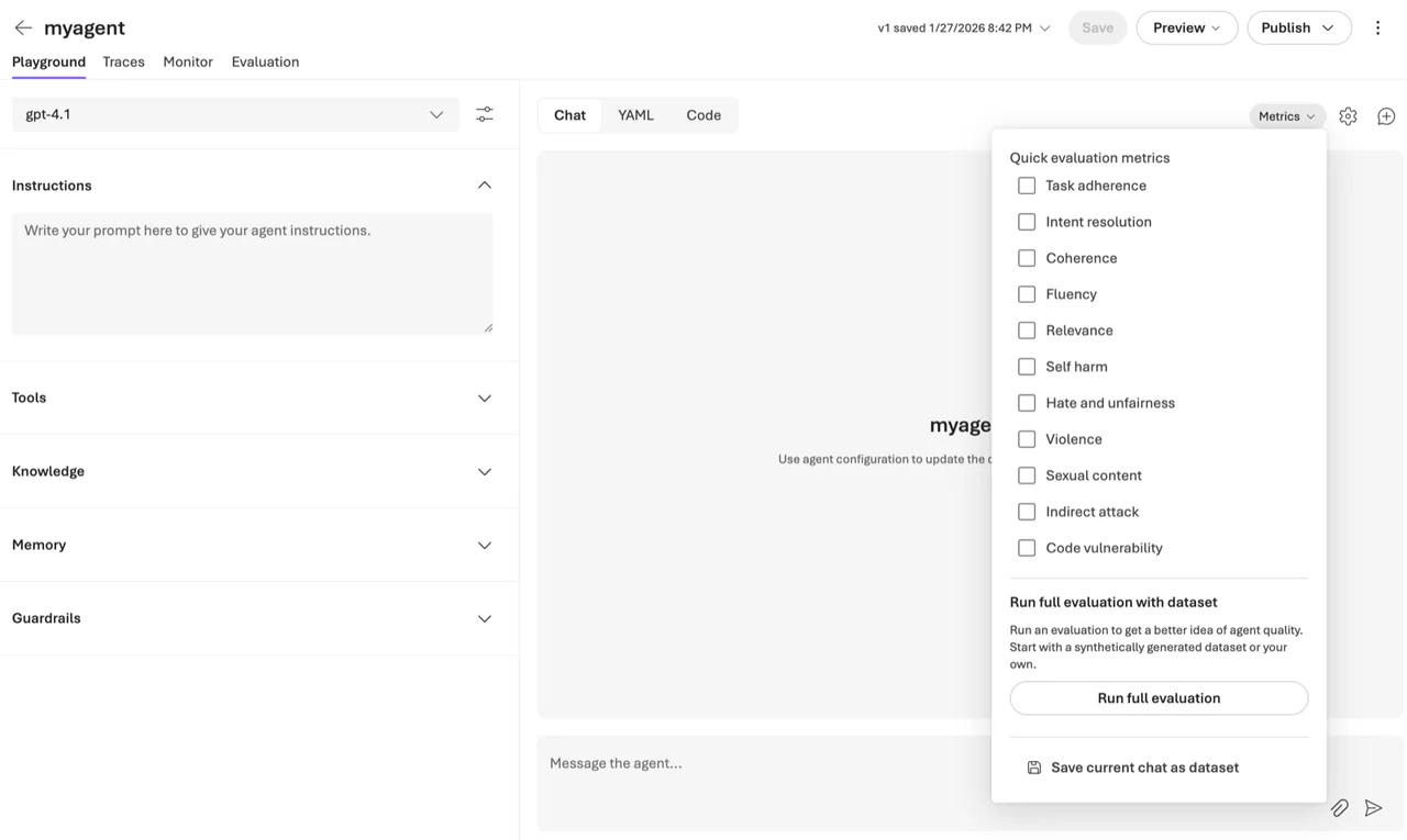 Microsoft Foundry agent playground with quick evaluation metrics like task adherence and