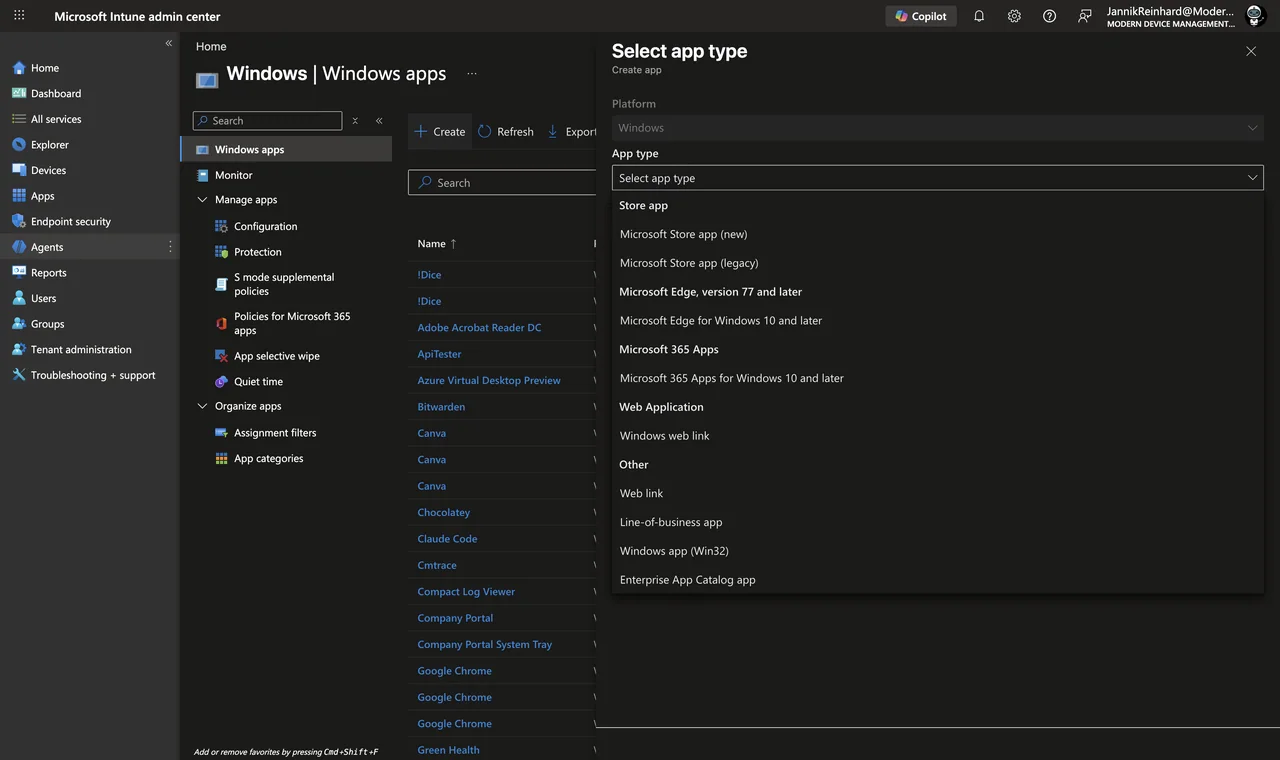 Intune admin center — Apps > All apps > Create, “Select app type” pane with Windows platform