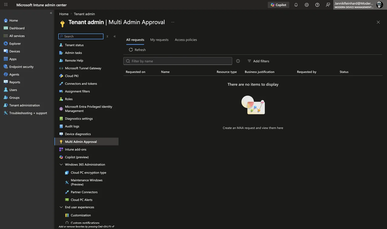 Intune admin center — Tenant administration > Multi Admin Approval > Access policies