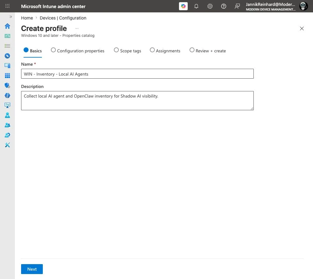 Create a Microsoft Intune Properties catalog profile for local AI agent inventory