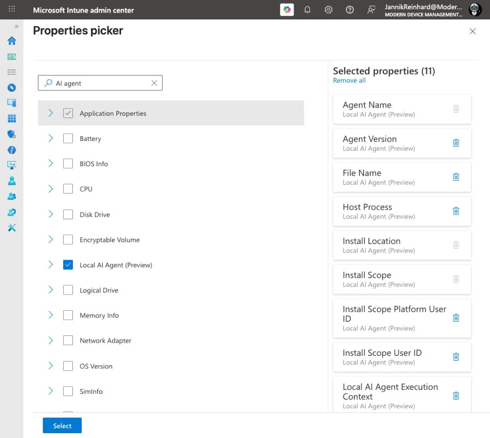 Select Local AI Agent Preview properties in Microsoft Intune