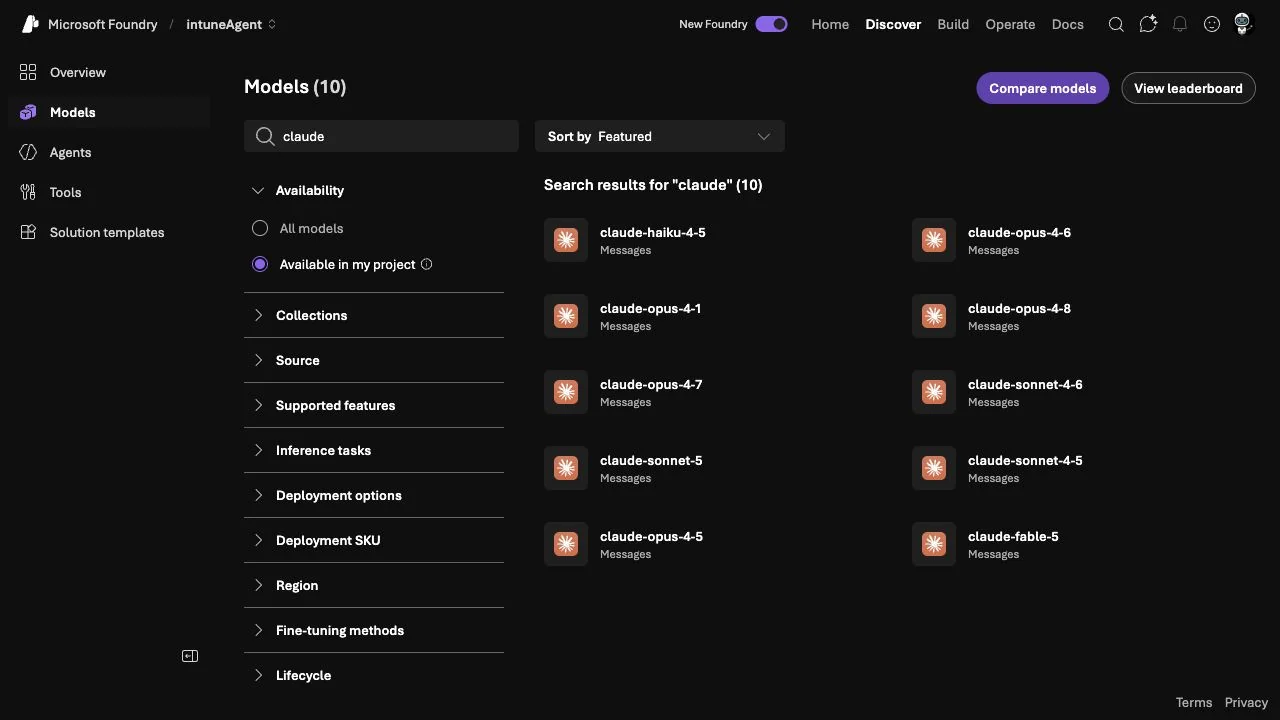 Microsoft Foundry Juni 2026 Model Catalog gefiltert nach Claude-Modellen