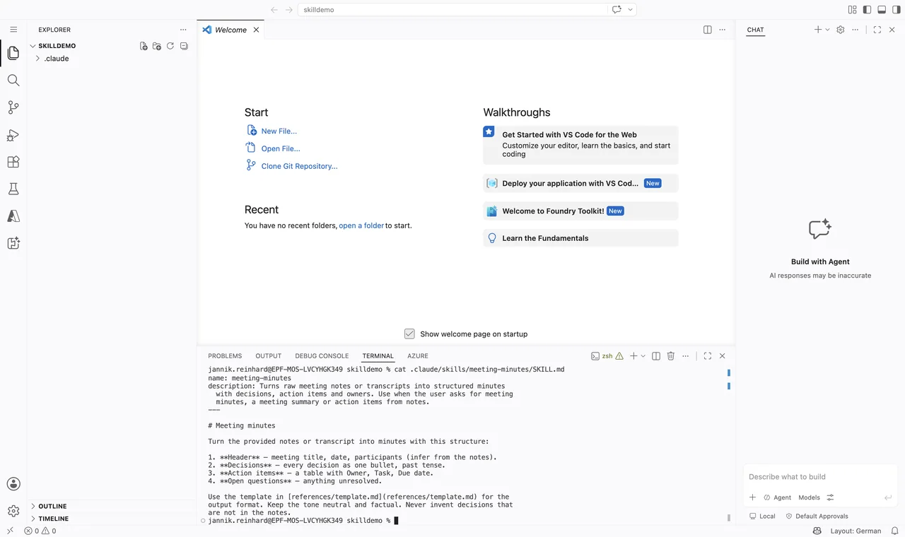 macOS Terminal showing the output of “tree ~/.claude/skills/meeting-minutes” with SKILL.md and