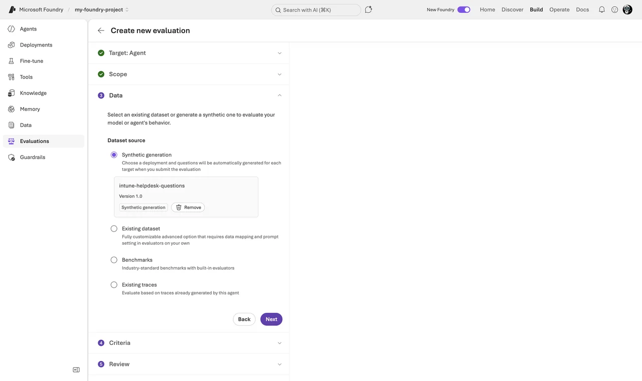 Evaluation wizard, data step with the four options generate synthetic data, existing dataset,