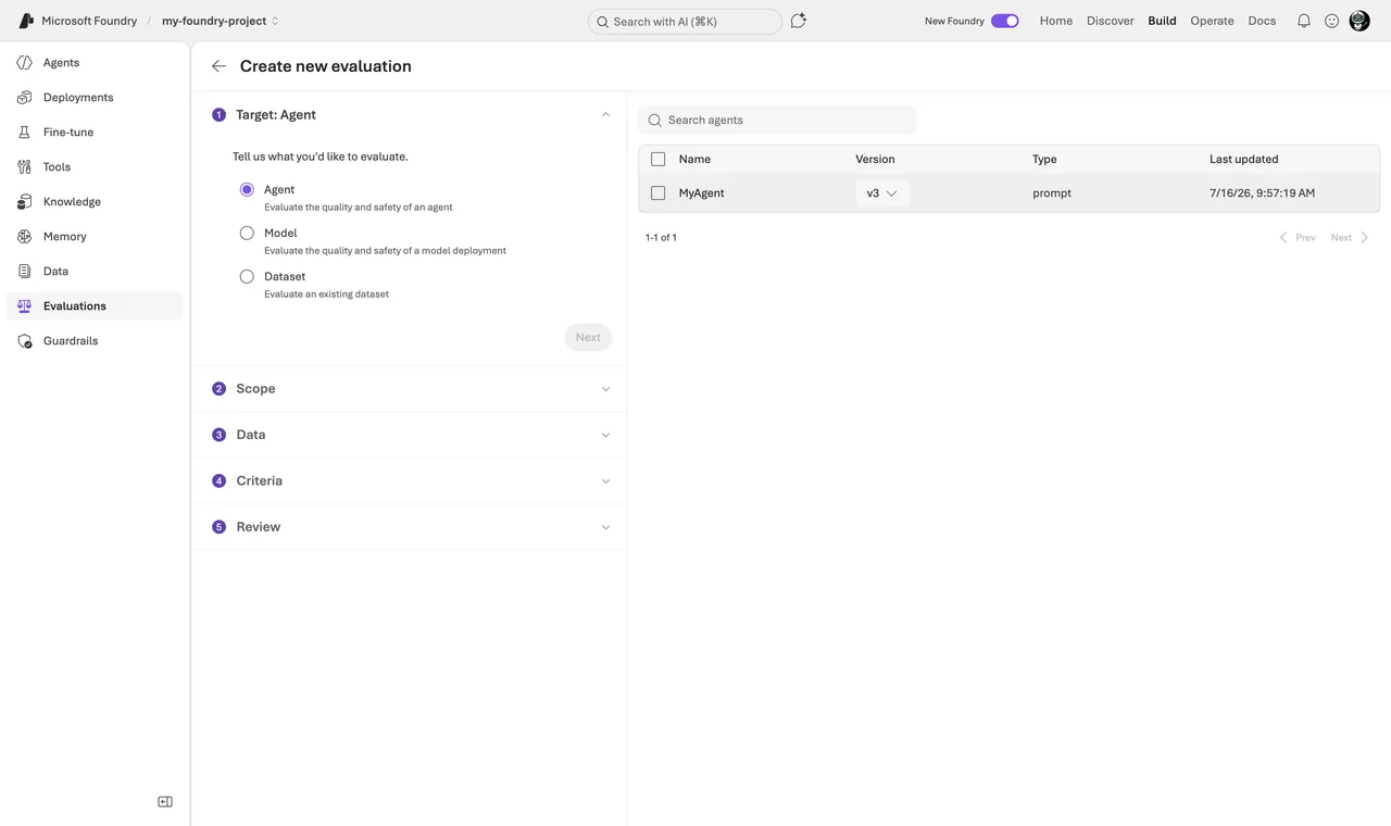 Evaluation wizard, first step with the target selection between agent, model and dataset, and
