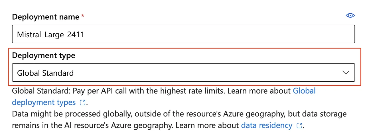 Microsoft Foundry deployment dialog highlighting the deployment name and deployment type fields