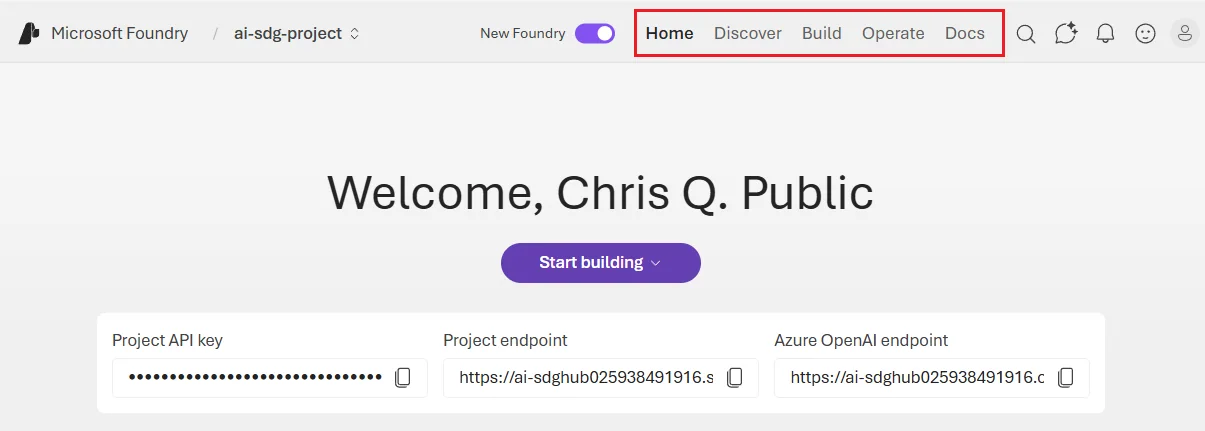 Microsoft Foundry portal home page showing the selected project and the Home, Discover, Build and Operate sections