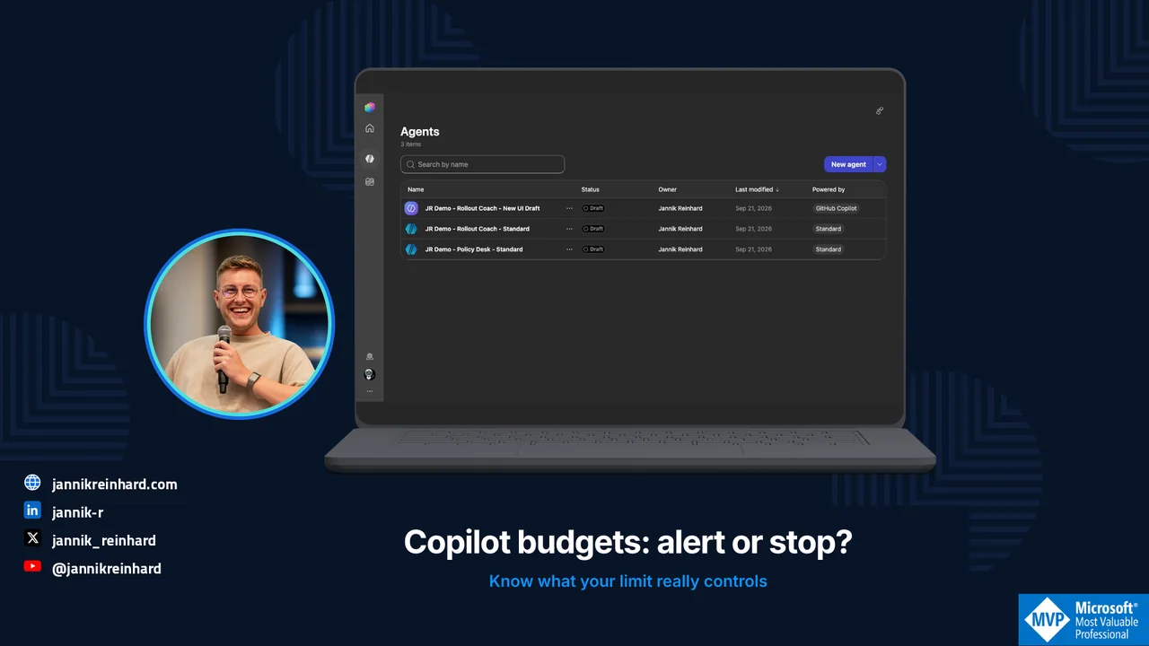 Copilot Budgets: Which Settings Actually Stop Usage? — Jannik Reinhard with a real Copilot Studio demo-tenant screenshot