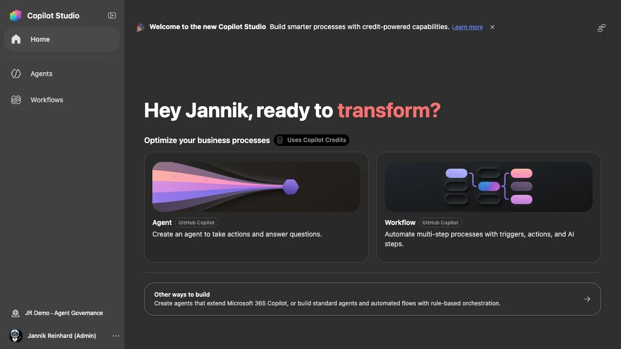 Copilot Studio home in the JR Demo Agent Governance environment showing Agent and Workflow cards powered by GitHub Copilot and the Uses Copilot Credits label