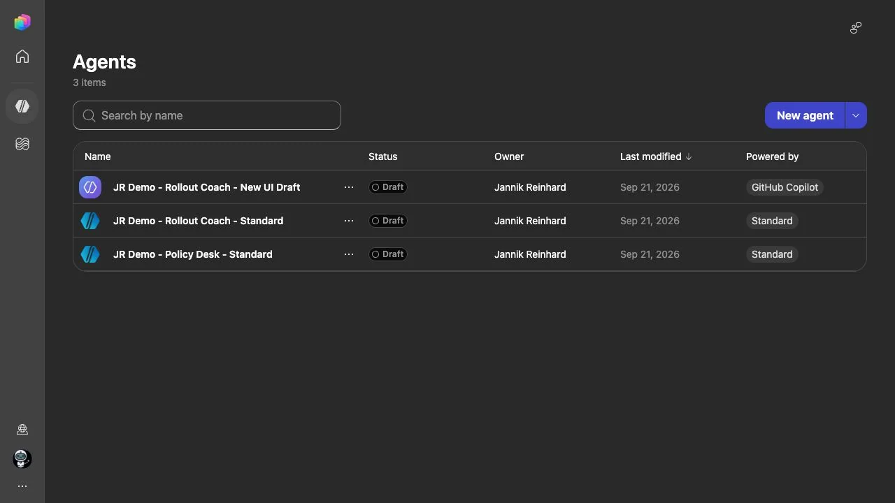 Live Copilot Studio inventory showing the GitHub Copilot and Standard versions of the Rollout Coach in the ModernDevMgmt demo tenant
