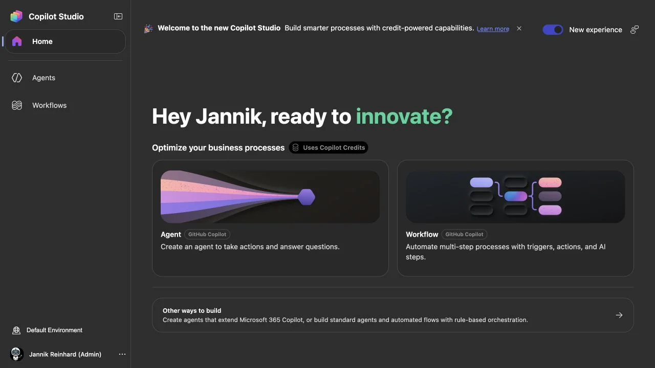 New Copilot Studio home showing Agent and Workflow cards powered by GitHub Copilot and the Uses Copilot Credits notice