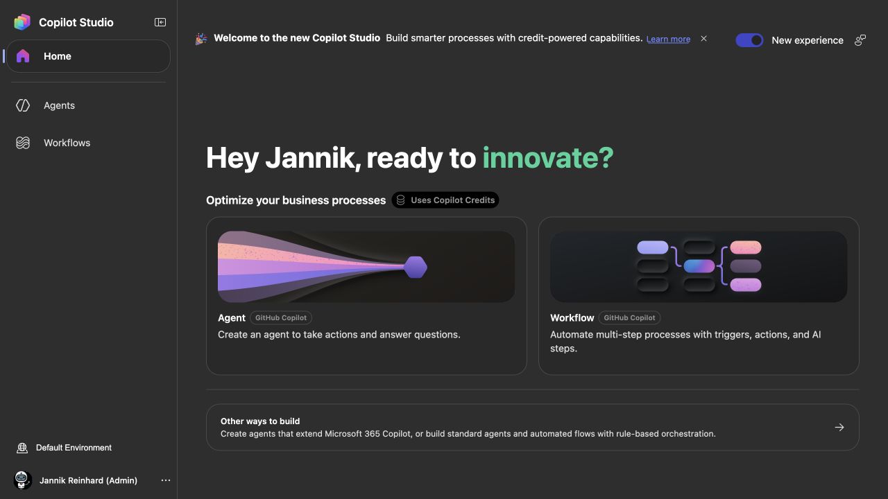 New Copilot Studio home showing Agent and Workflow cards powered by GitHub Copilot and the Uses Copilot Credits notice