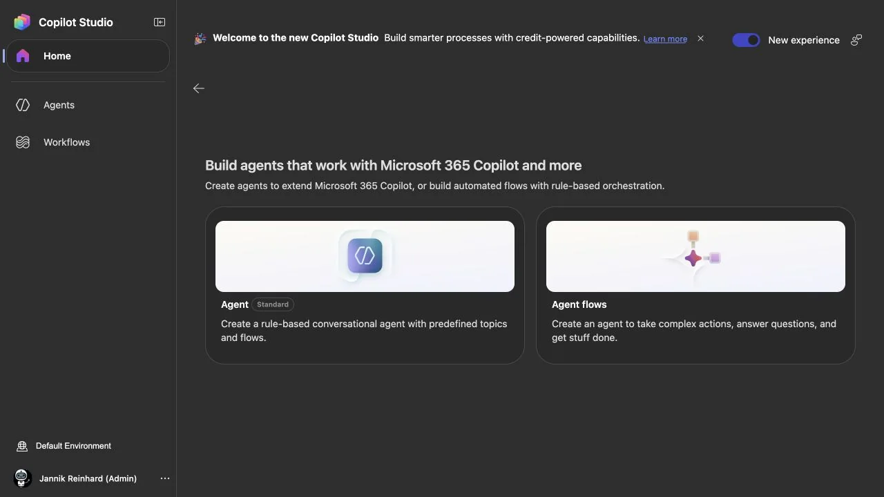 Other ways to build in the new Copilot Studio experience, with Agent Standard and Agent flows options