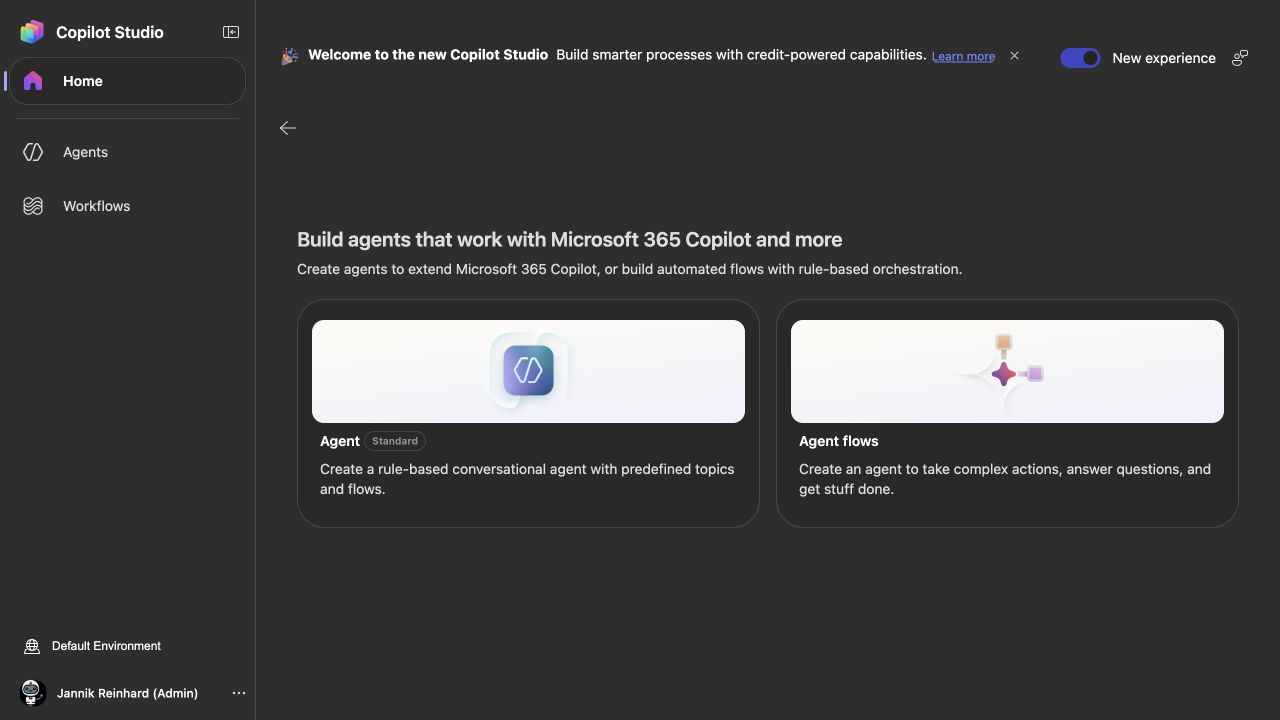 Other ways to build in the new Copilot Studio experience, with Agent Standard and Agent flows options