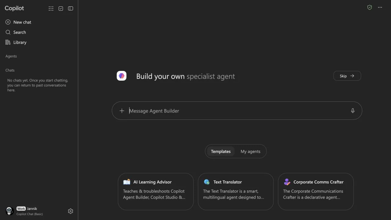 Agent Builder entry screen in Microsoft 365 Copilot, showing the specialist-agent prompt and templates