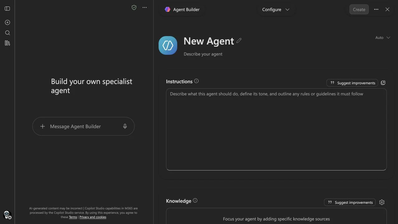 Agent Builder configuration showing the agent name, instructions and knowledge section, with Create disabled