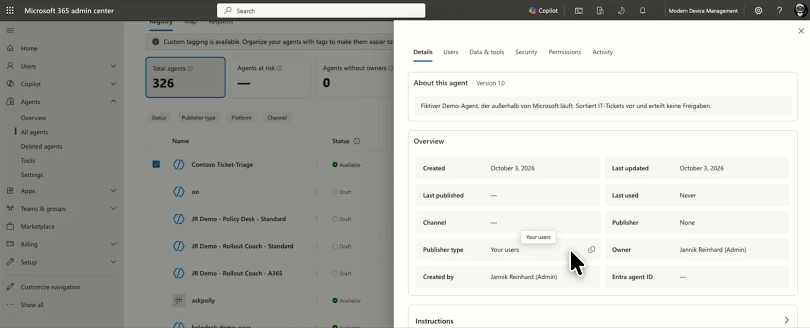 Contoso Ticket-Triage nach der Registrierung in Agent 365, noch ohne verknüpfte Entra-Identität
