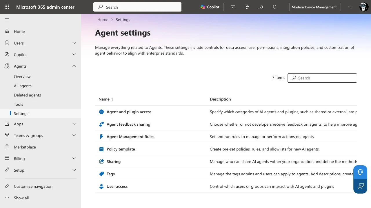 Agent 365 settings in the demo tenant, without a Gateways entry