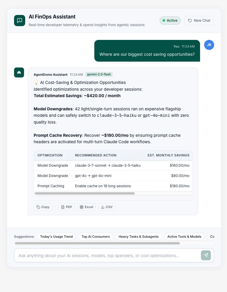 Der FinOps-Chat liefert Empfehlungen und bietet PDF-, Excel- und CSV-Exporte. Modellnamen und Schätzungen gehören zur Demo-Antwort.