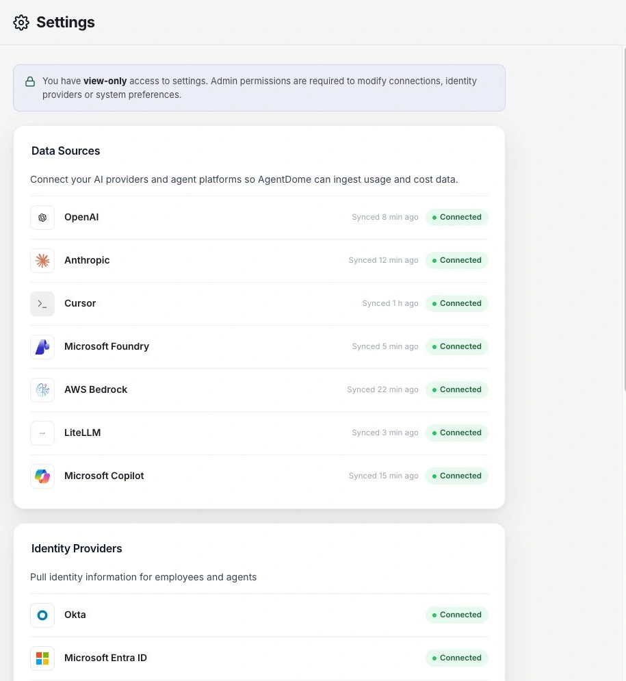 Verbundene Anbieter und Plattformen unter Settings. Der Zugriff ist in dieser Sitzung ausdrücklich lesend.