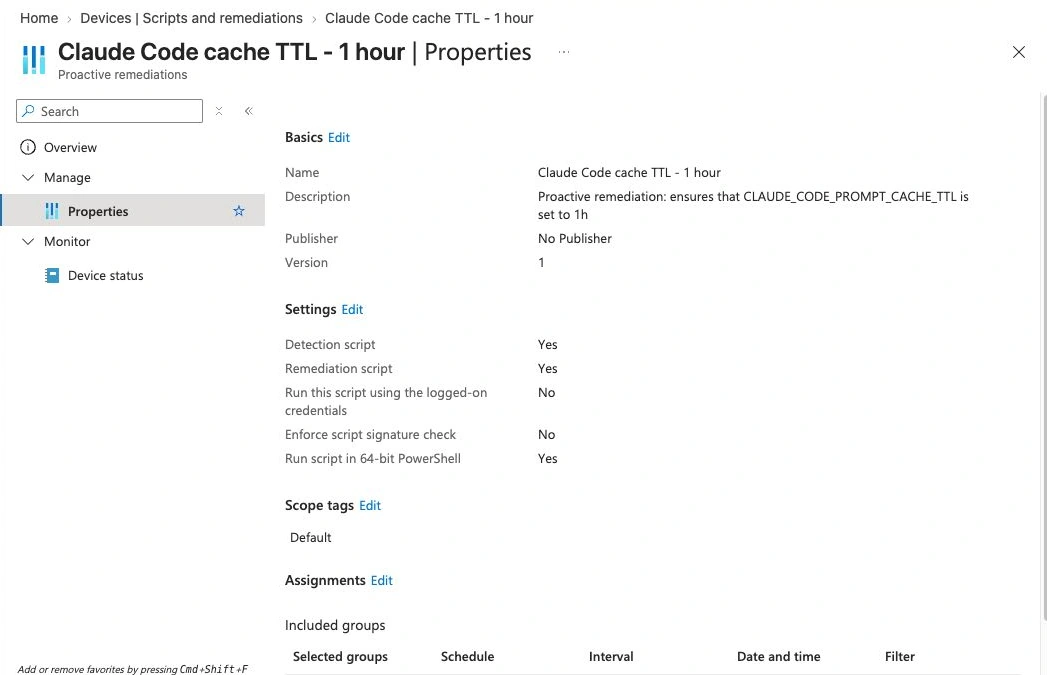 Das bestehende Intune-Paket enthält Detection- und Remediation-Skripte und verwendet den Maschinenkontext.