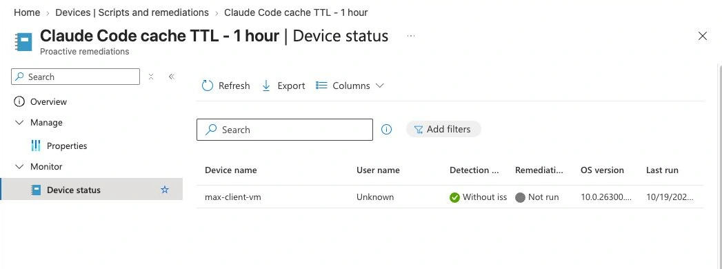 Tatsächlicher Demo-Tenant-Status: Without issues bei Detection, Not run bei Remediation. Das belegt weder einen neu ausgeführten Fix noch gesunkene Token-Kosten.