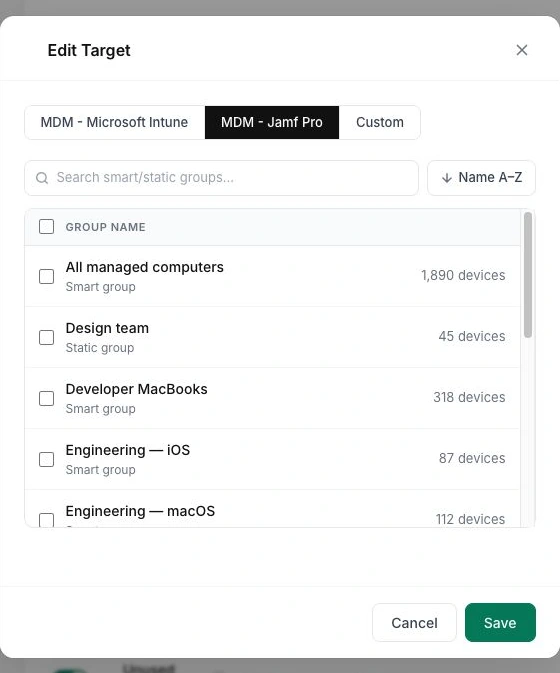 Jamf-Pro-Gruppen stehen alternativ als Ziel bereit. Eine Verteilung auf macOS wurde in diesem Rundgang nicht getestet.