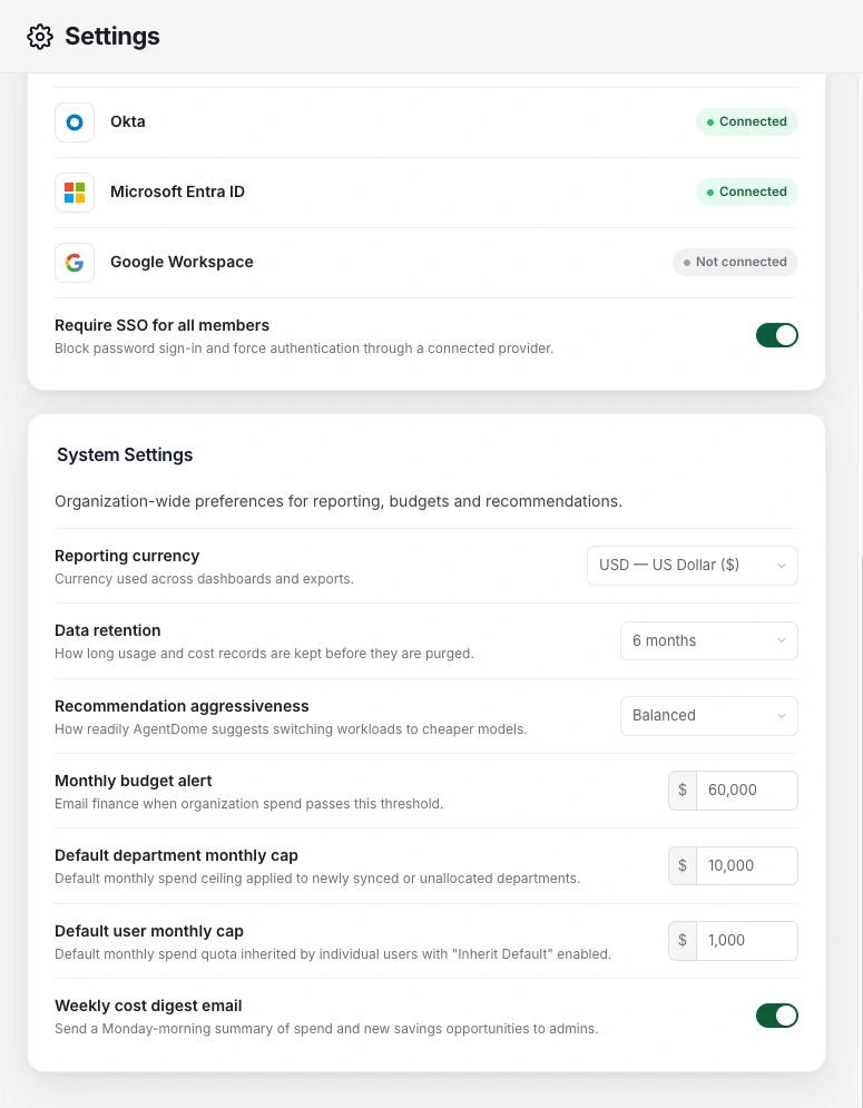 Identitätsanbieter, SSO, Aufbewahrung und Empfehlungsintensität sind in Settings sichtbar. Die Werte gehören zur Staging-Umgebung.