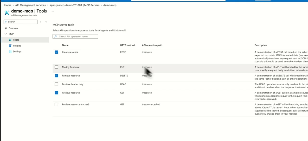 Ausgewählte Operationen der Echo API als MCP-Tools im Azure API Management Portal
