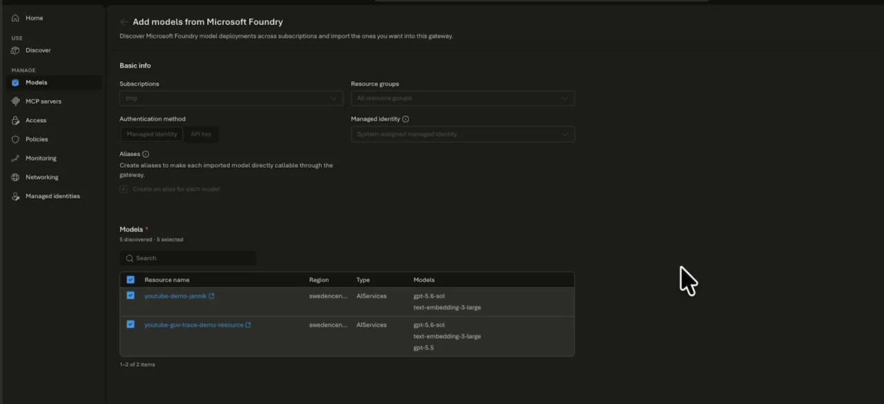 Azure AI Gateway: Foundry-Import mit gefundenen Deployments und Managed-Identity-Authentifizierung