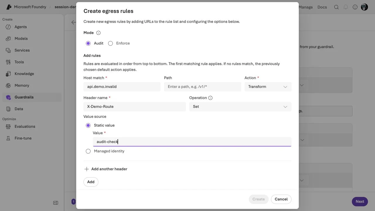 Echter Foundry-Dialog: Audit mit Transform und harmlosem Header-Marker