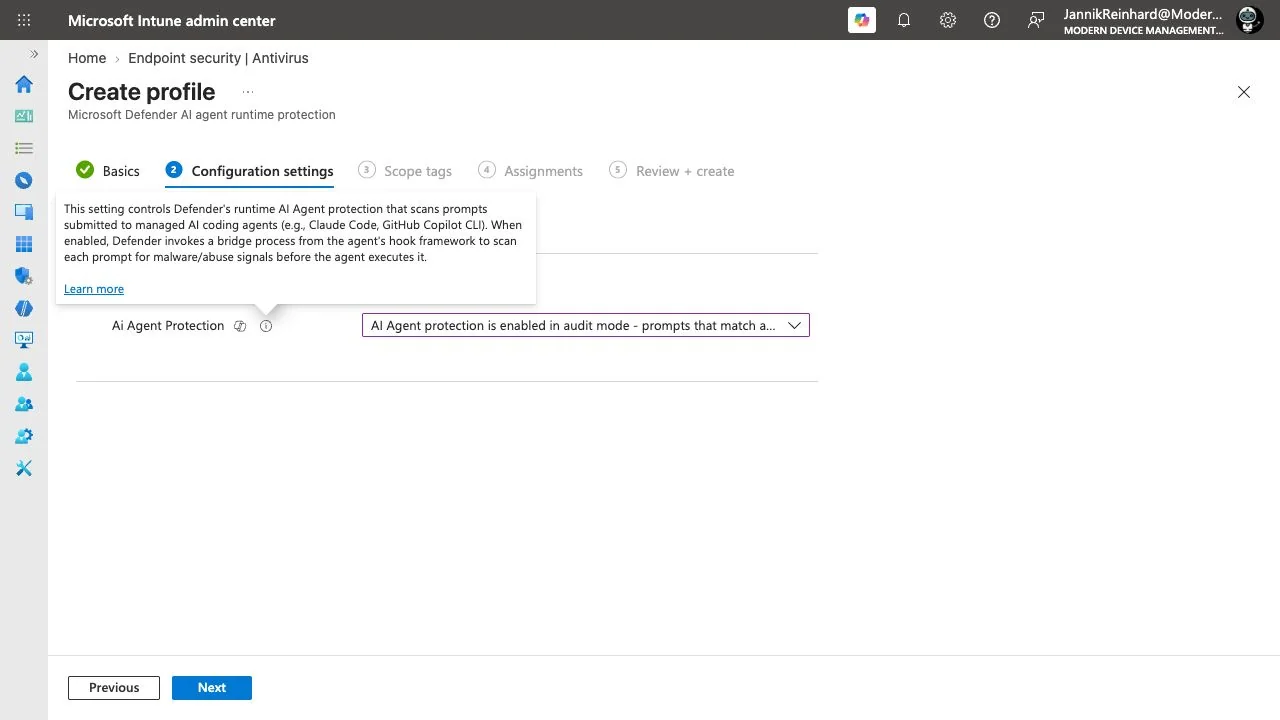 Intune AI agent runtime protection help text describing native hook inspection