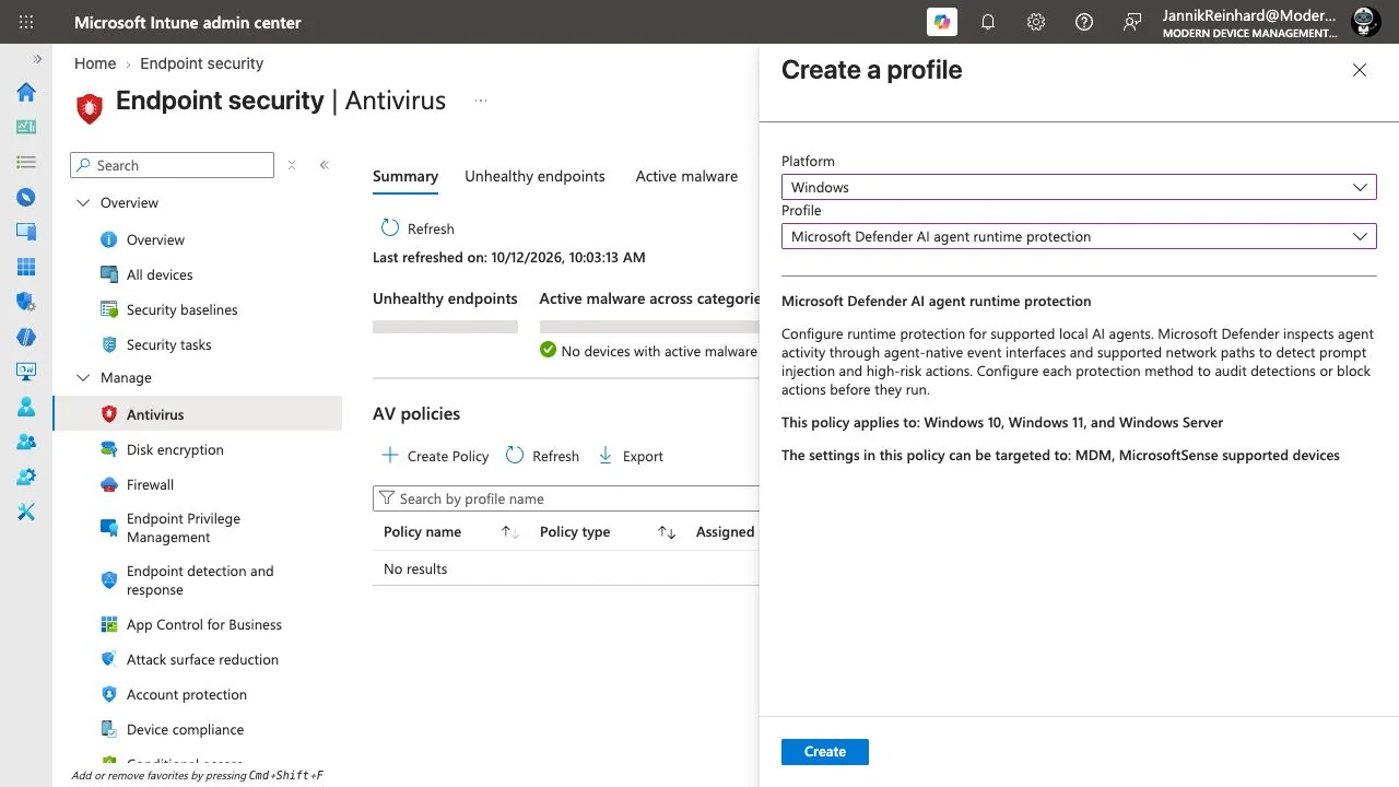 Intune AI agent runtime protection profile selected in the real admin center