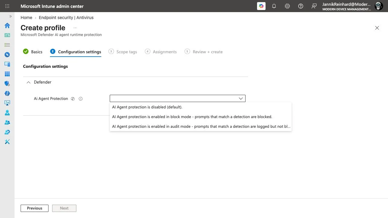 Intune AI agent runtime protection: actual disabled, block and audit options