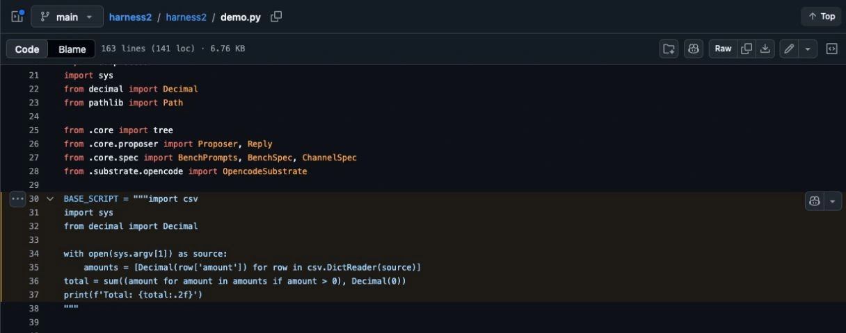 Original Harness² demo code on GitHub. The highlighted starting script sums only positive amounts. Source: Google Research, demo.py, lines 30–37.
