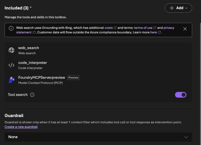 Tool Search im tatsächlichen Foundry-Toolbox-Editor. Zu sehen sind die vom Portal vorgeschlagenen Tools, keine geprüfte Read-only-Freigabeliste. Die Konfiguration wurde nicht gespeichert.