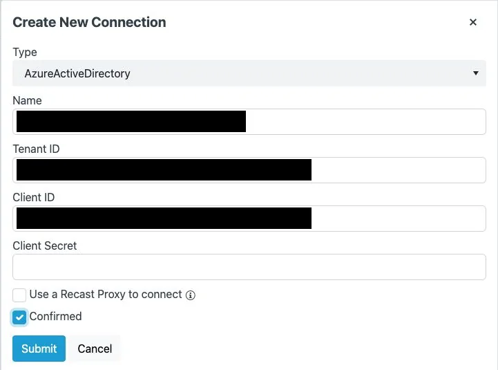 Recast Cloud Service Connection mit geschwärzten privaten Kennungen