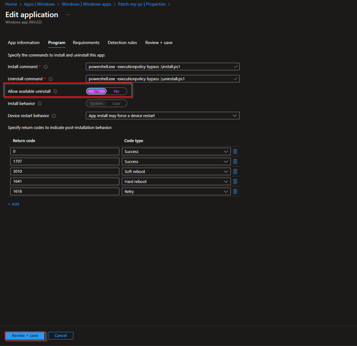 How to activate the uninstallation feature in the Company Portal